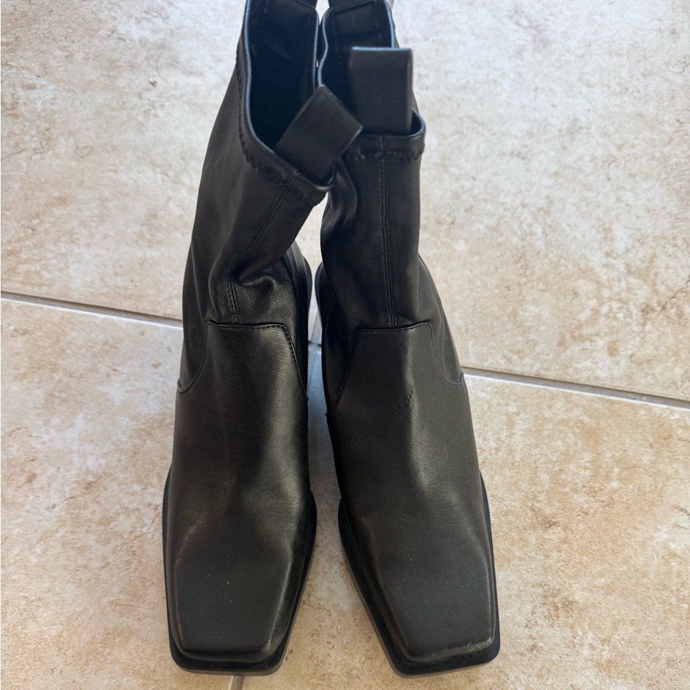 ZARA Leather Black Square Toe Ankle Boots 37